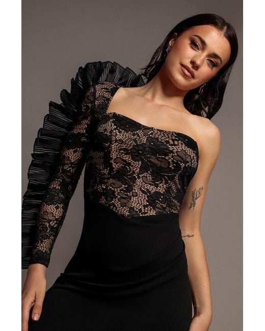 Goddiva Blue One Shoulder Organza Fan Detail Lace Bodice Maxi Dress