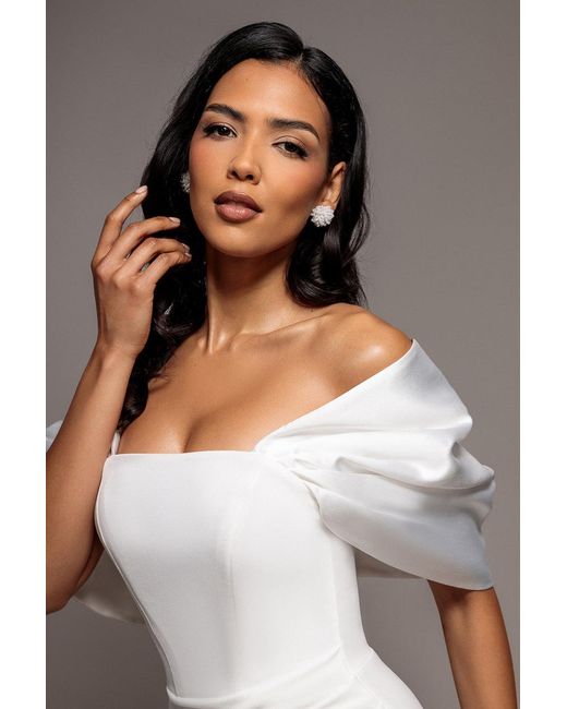 Goddiva Gray Off Shoulder Back Satin Bow Scuba Maxi Dress