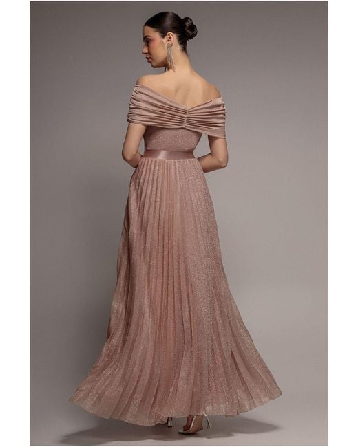 Goddiva Pink Bardot Pleated Skirt Maxi Dress