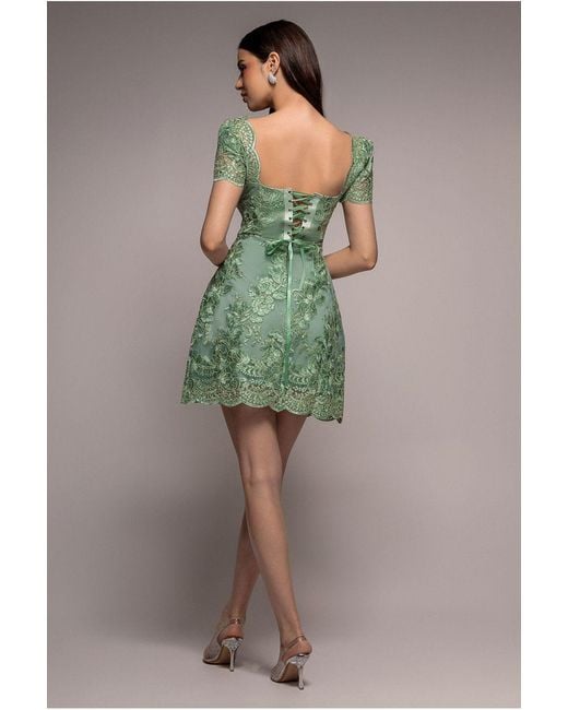 Goddiva Green Scallop Edge Corset Back Structured Lace Mini Dress