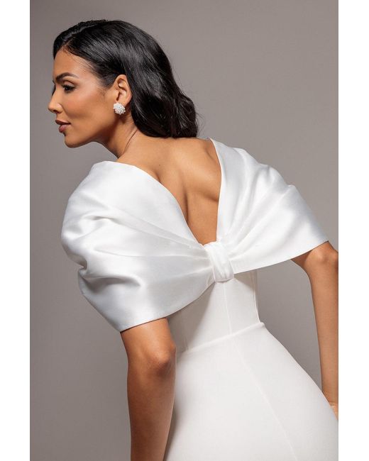 Goddiva Gray Off Shoulder Back Satin Bow Scuba Maxi Dress