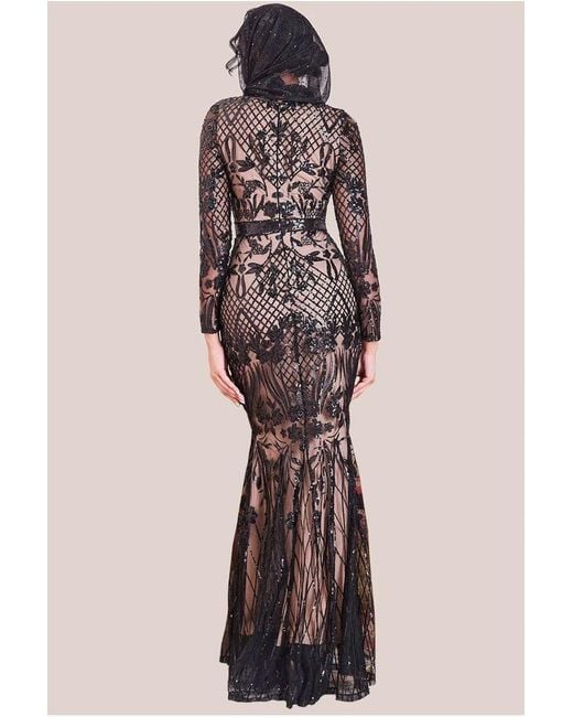 Goddiva Black Modesty Sequin Evening Maxi Dress