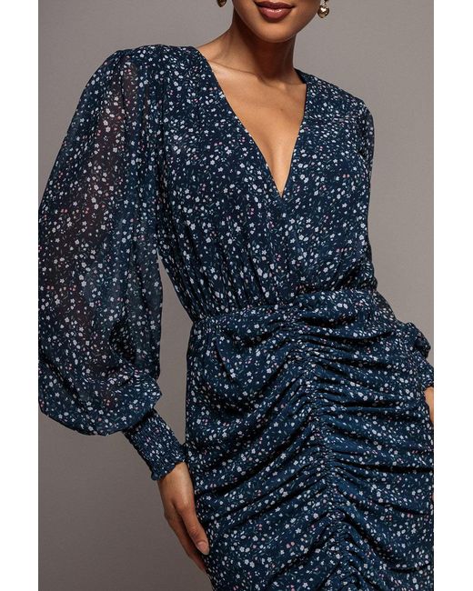 Goddiva Blue Printed Long Sleeve Drawstring Midi Dress