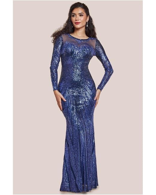 Goddiva Blue Long Sleeve Aztec Sequin Maxi Dress