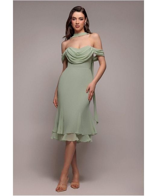 Goddiva Natural Chiffon Cowl Off Shoulder Wing Tiered Midi Dress