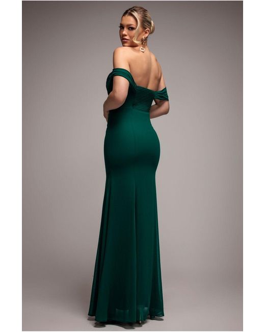 Goddiva Green Chiffon Bardot Cowl Neck Maxi Dress