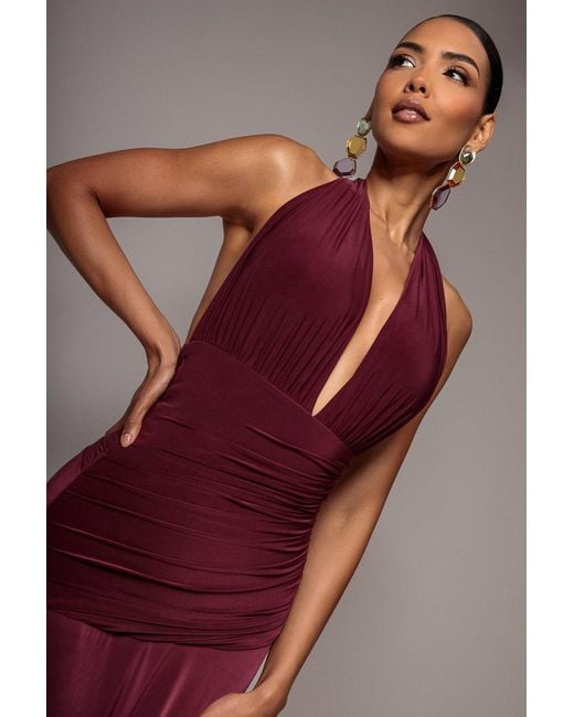 Goddiva Purple Halter Neck Empire Waist Gathered Maxi Dress