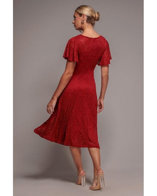 Goddiva Red Flutter Sleeve Lace A-Line Midi Dress