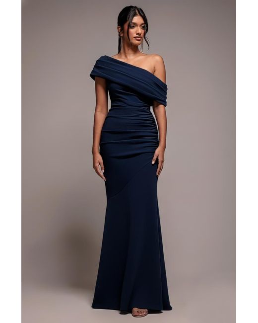 Goddiva Blue Pleated One Shoulder Bardot Fit And Flare Maxi Dress