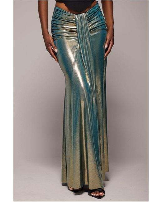 Goddiva Metallic Gathered Front Dipped Waist Foil Maxi Skirt