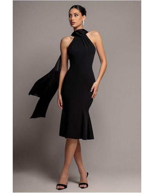 Goddiva Black Scuba & Soft Satin Halterneck Midi Dress With Back Sash