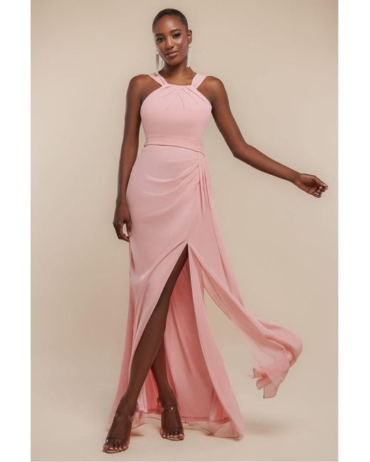 Goddiva Pink Halterneck Thigh Split Chiffon Maxi Dress