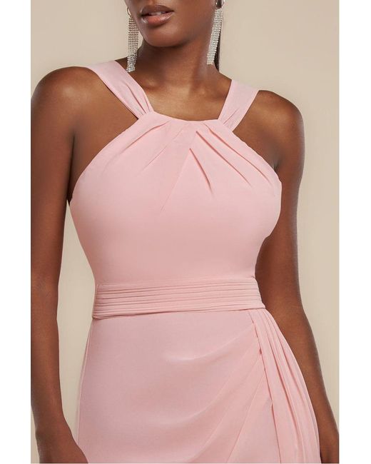 Goddiva Pink Halterneck Thigh Split Chiffon Maxi Dress