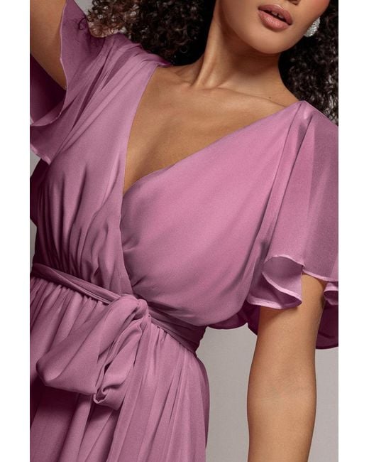 Goddiva Pink Flutter Sleeve Wrap Mini Dress With Elasticated Waist