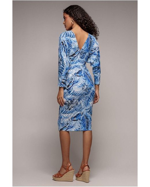 Goddiva Blue Tropical Print Midi With Batwing Sleeves