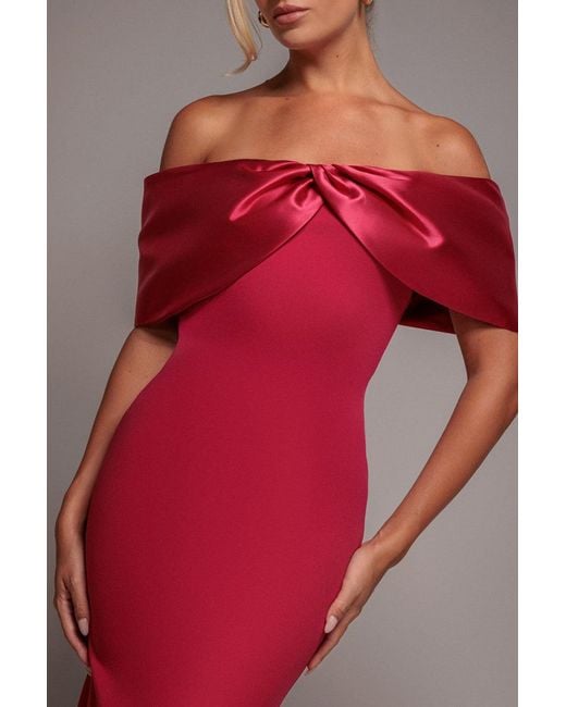 Goddiva Pink Twist Knot Satin & Scuba Bardot Maxi Dress