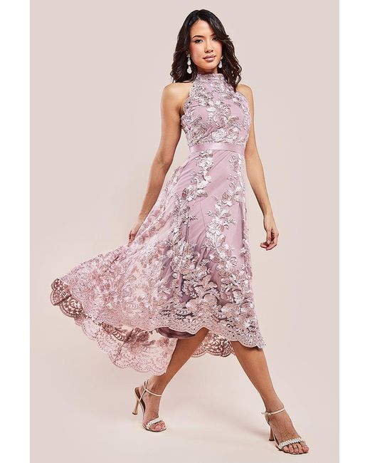 Goddiva Halter Neck Lace High And Low Dress in Pink Lyst UK