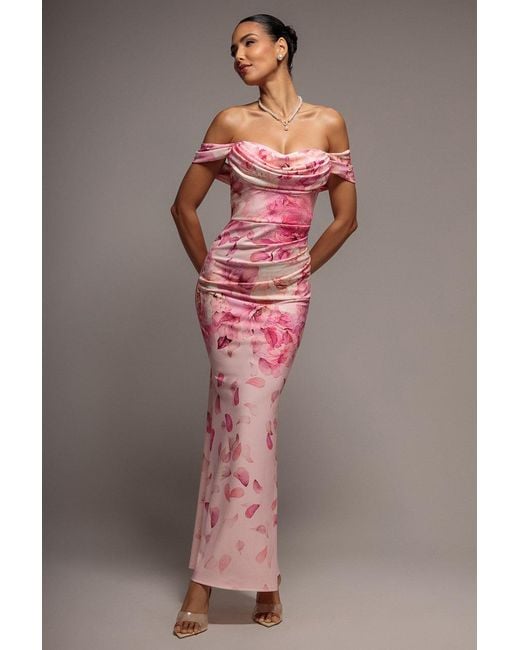 Goddiva Gray Printed Cowl Neck Pleated Waist Maxi Dress