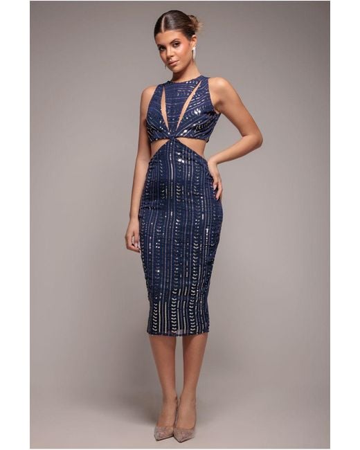 Goddiva Blue Patterned Sequin Cut Out Midi Dress