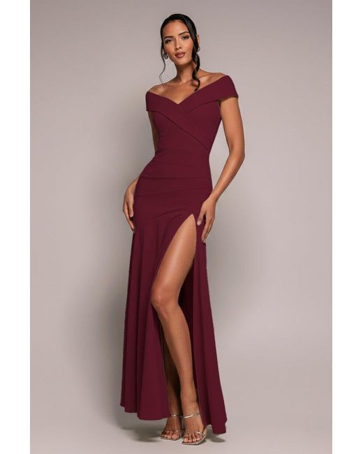 Goddiva Red Scuba Crepe Off Shoulder Front Split Maxi Dress