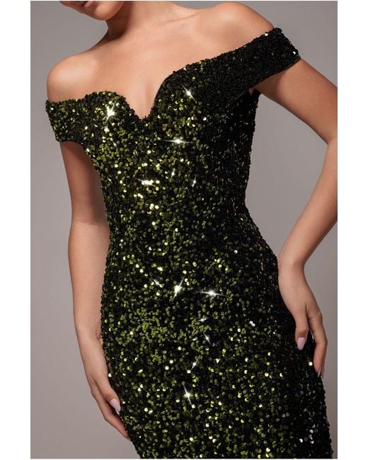 Goddiva Green Sequin Velvet Bardot Evening Maxi Dress