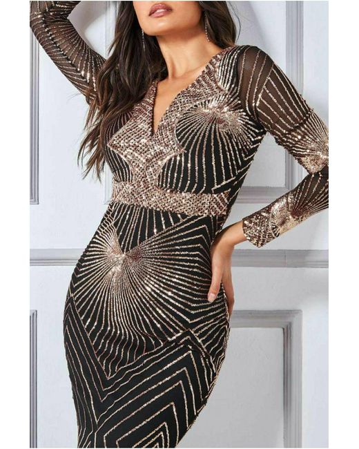 Goddiva plunge embellished sequin mini dress with long sleeves in rose best sale pink