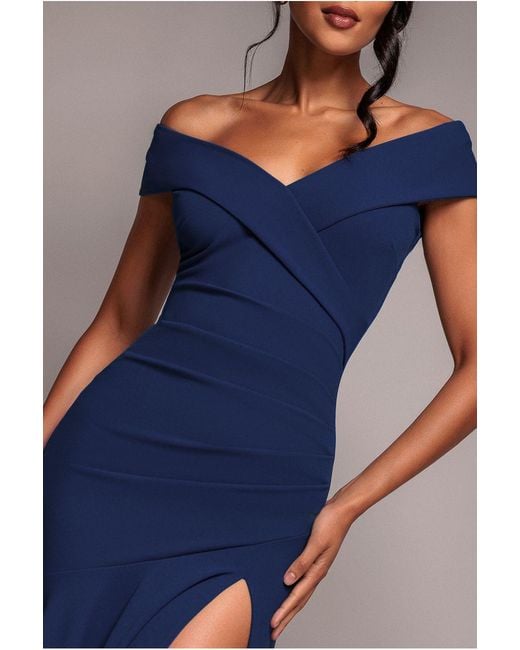 Goddiva Blue Scuba Crepe Off Shoulder Front Split Maxi Dress