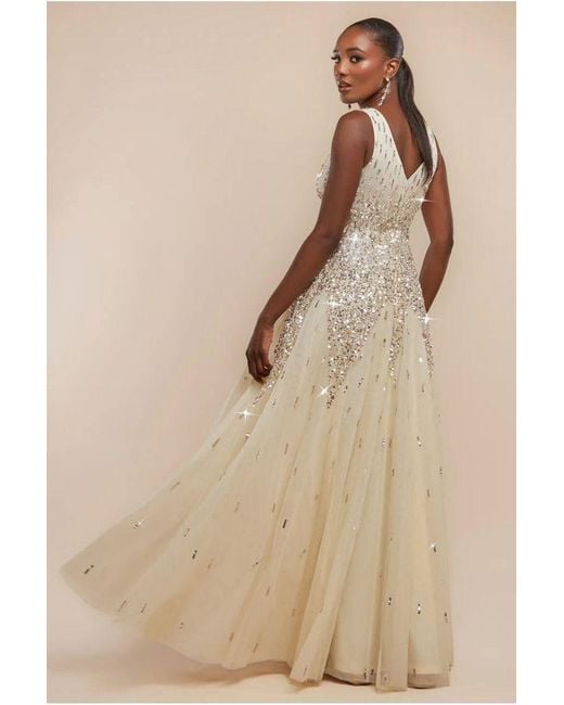Goddiva Natural Sunray Hand Embellished Sequin A-Line Sleeveless Maxi Dress