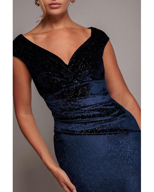 Goddiva Blue Shimmer Velvet Bardot Maxi Dress