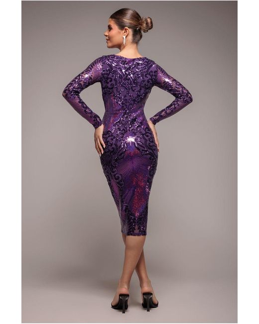 Goddiva Purple Contrast Sequin Long Sleeve Midi Dress