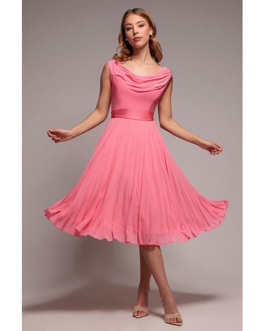 Goddiva Red Cowl Neck Pleated A-Line Chiffon Midi Dress