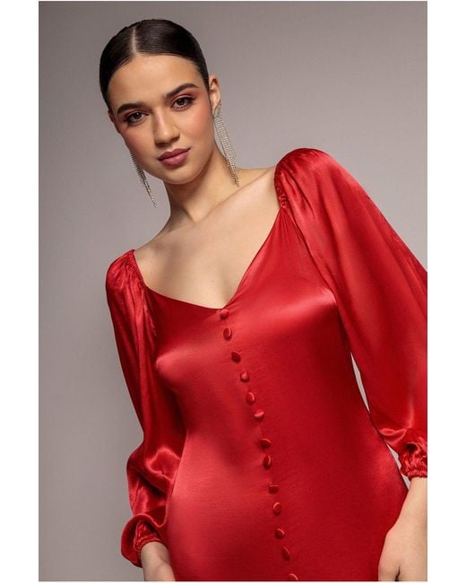 Goddiva Red Satin Viscose Front Buttoned Dipped Hem Midi
