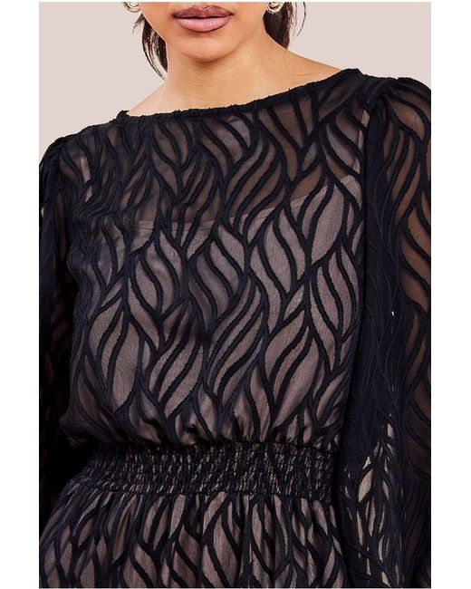 Goddiva Black Chiffon Geo-Wave Front Split Maxi Dress