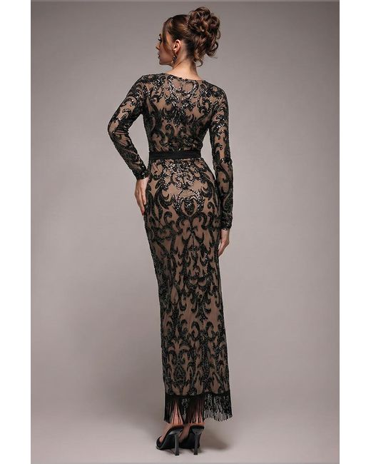 Goddiva Black Tassel & Sequin Maxi With Front Split