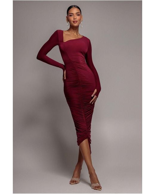 Goddiva Red Asymmetrical Neck Ruched Midi Dress