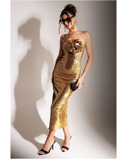 Goddiva Metallic Liquid Sequin Boobtube Midaxi With Corsage