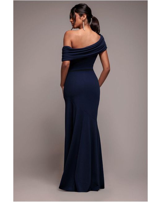 Goddiva Blue Pleated One Shoulder Bardot Fit And Flare Maxi Dress
