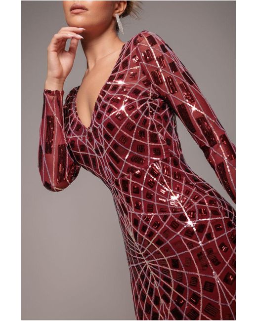 Goddiva Red Geo Sequin Long Sleeve Maxi Dress