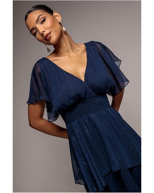 Goddiva Blue Chiffon Layered Flutter Sleeve Midi Dress