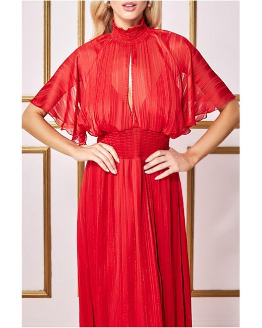 Goddiva Red Keyhole High Neck Flutter Sleeve Maxi