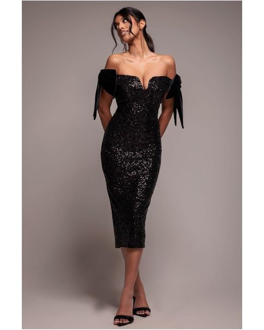 Goddiva Black Sequin Off The Shoulder Velvet Bow Midi Dress
