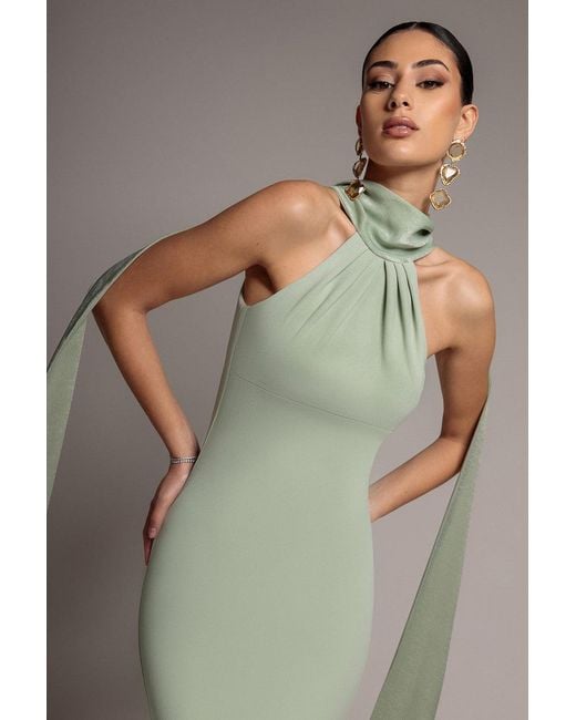 Goddiva Gray Scuba & Soft Satin Halterneck Maxi Dress With Back Sash