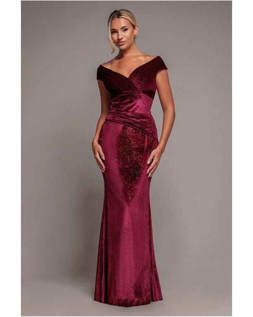 Goddiva Red Shimmer Velvet Bardot Maxi Dress