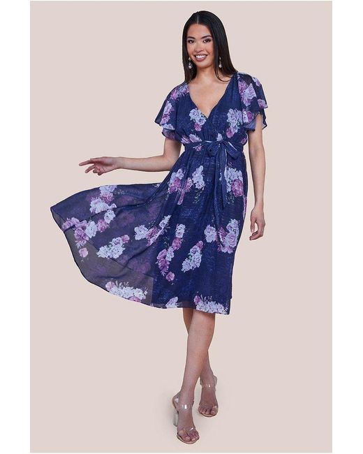 Goddiva Blue Printed Lurex A Line Flutter Sleeve Midi Dress
