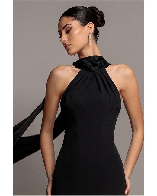 Goddiva Black Scuba & Soft Satin Halterneck Midi Dress With Back Sash