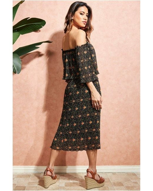 City Goddess Black Printed Shirred Midi Skirt