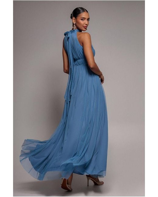Goddiva Blue Halter Neck Mesh Tie Maxi Dress