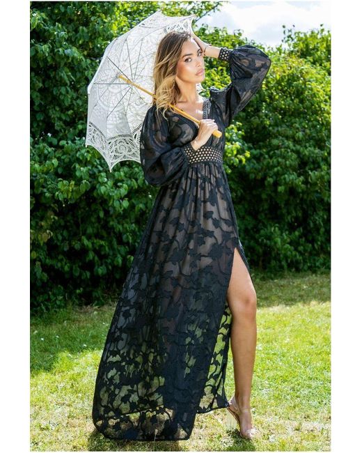 Goddiva Green Jacquard Lurex Burnout Front Split Maxi Dress