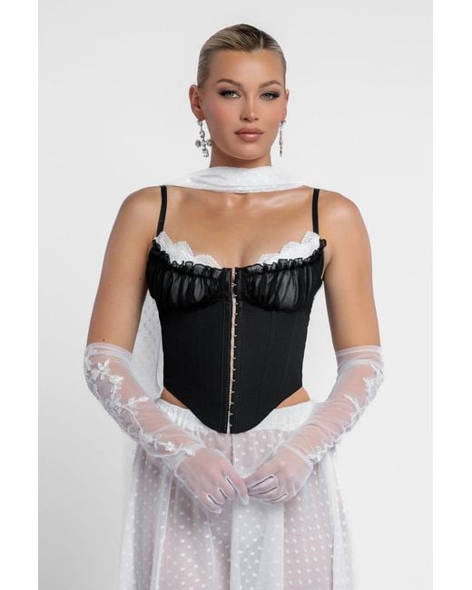 Goddiva White Milk Maid Corset Polka Dobby Chiffon A-Line Maxi Skirt With Scarf & Gloves