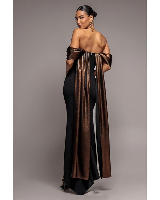 Goddiva Gray Off The Shoulder Mirror Foil Angel Wing Cape Maxi Dress